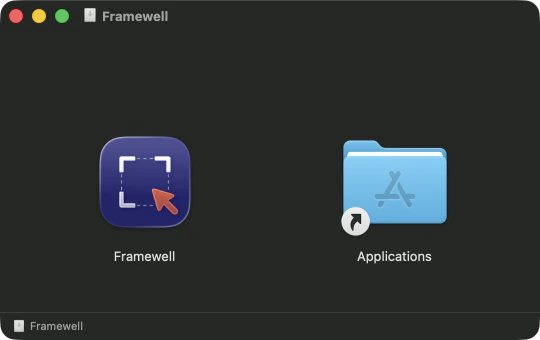The opened disk image: a window with the Framewell app on the left and the Applications folder on the right.