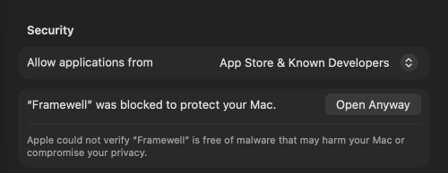 The Security section of Privacy & Security in System Settings. Under “Allow applications from” it says: “Framewell” was blocked to protect your Mac, with an Open Anyway button next to it.