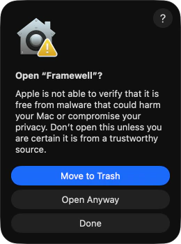 macOS dialog: Open “Framewell”? Apple is not able to verify that it is free from malware. Three buttons: Move to Trash, which is highlighted, Open Anyway and Done.