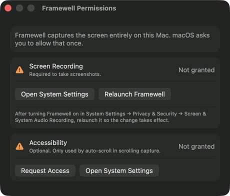 The Framewell Permissions window. Screen Recording: required, not granted, with the buttons Open System Settings and Relaunch Framewell. Accessibility: optional, not granted, with the buttons Request Access and Open System Settings.