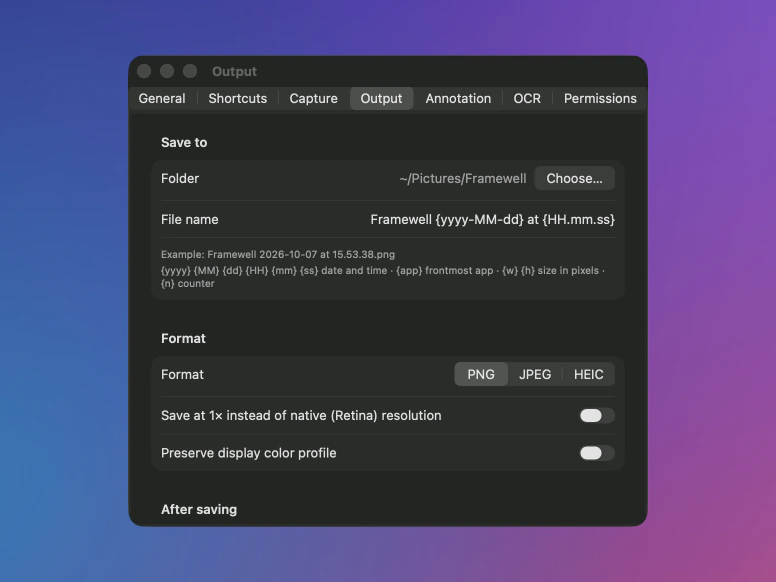 The Output tab of Framewell's Settings: the save folder, the file name template, the PNG, JPEG and HEIC formats, and the options for 1× resolution and the color profile.