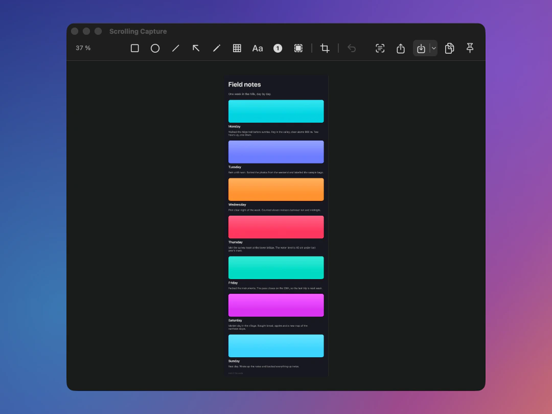 Framewell's editor window showing a long page that was stitched together from a scrolling capture, zoomed out to fit.
