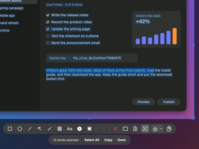 Recognized text marked on a capture, with one sentence selected. A bar under the toolbar says "12 words selected" and offers Select All, Copy and Done.